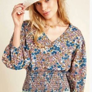 Anthropologie Maeve Smocked Floral Blouse Size Large